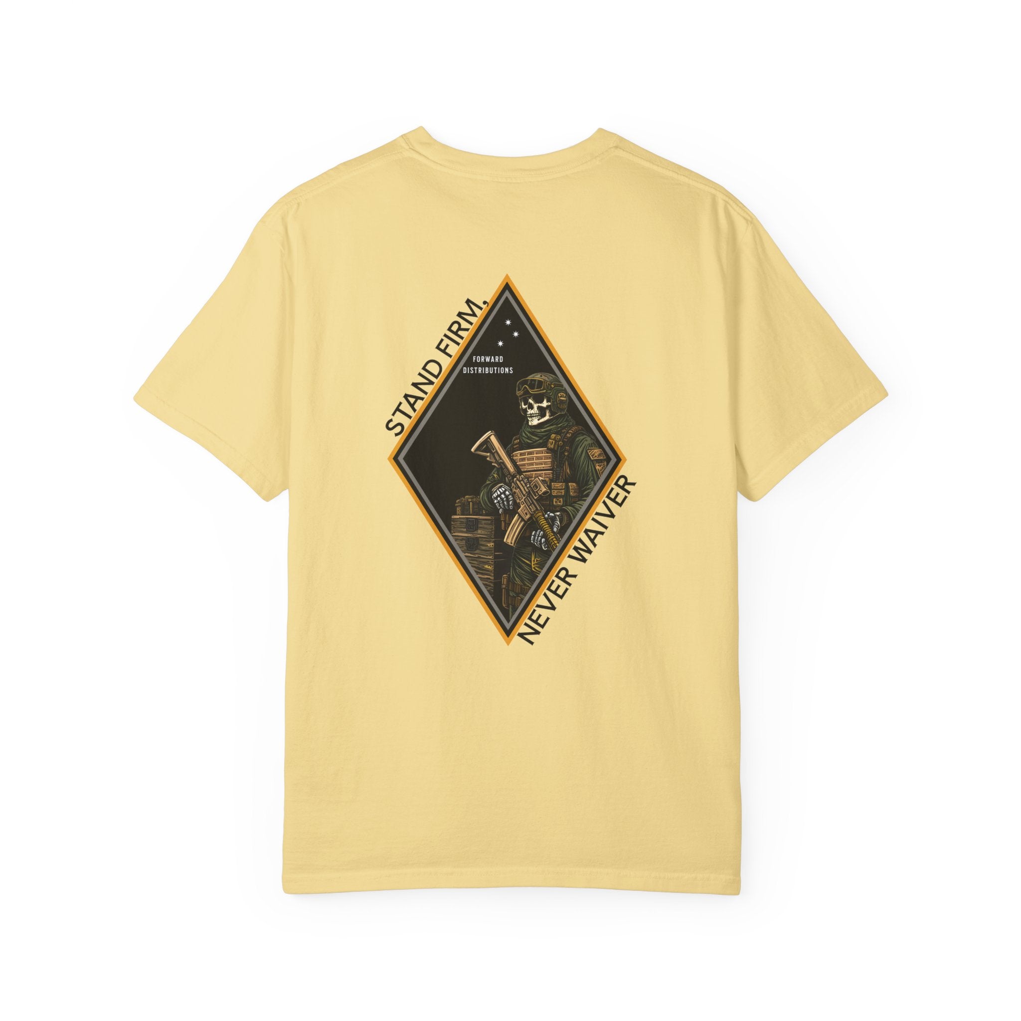 Butter t-shirt with Skeleton graphic design on a Diamond shaped graphic with Sand Firm Never Waiver text. 