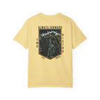 Butter heavyweight cotton t-shirt with detailed graphic of soldier shooting over bunker and text Always Forward.