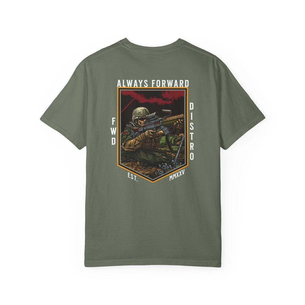 Moss heavyweight cotton t-shirt with "Always Forward" military sniper graphic and text design on back.