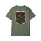 Moss heavyweight cotton t-shirt with "Always Forward" military sniper graphic and text design on back.