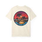 Ivory t-shirt with a sunset beach graphic featuring palm trees, a jeep, and "Last Light Recon" text on the back.