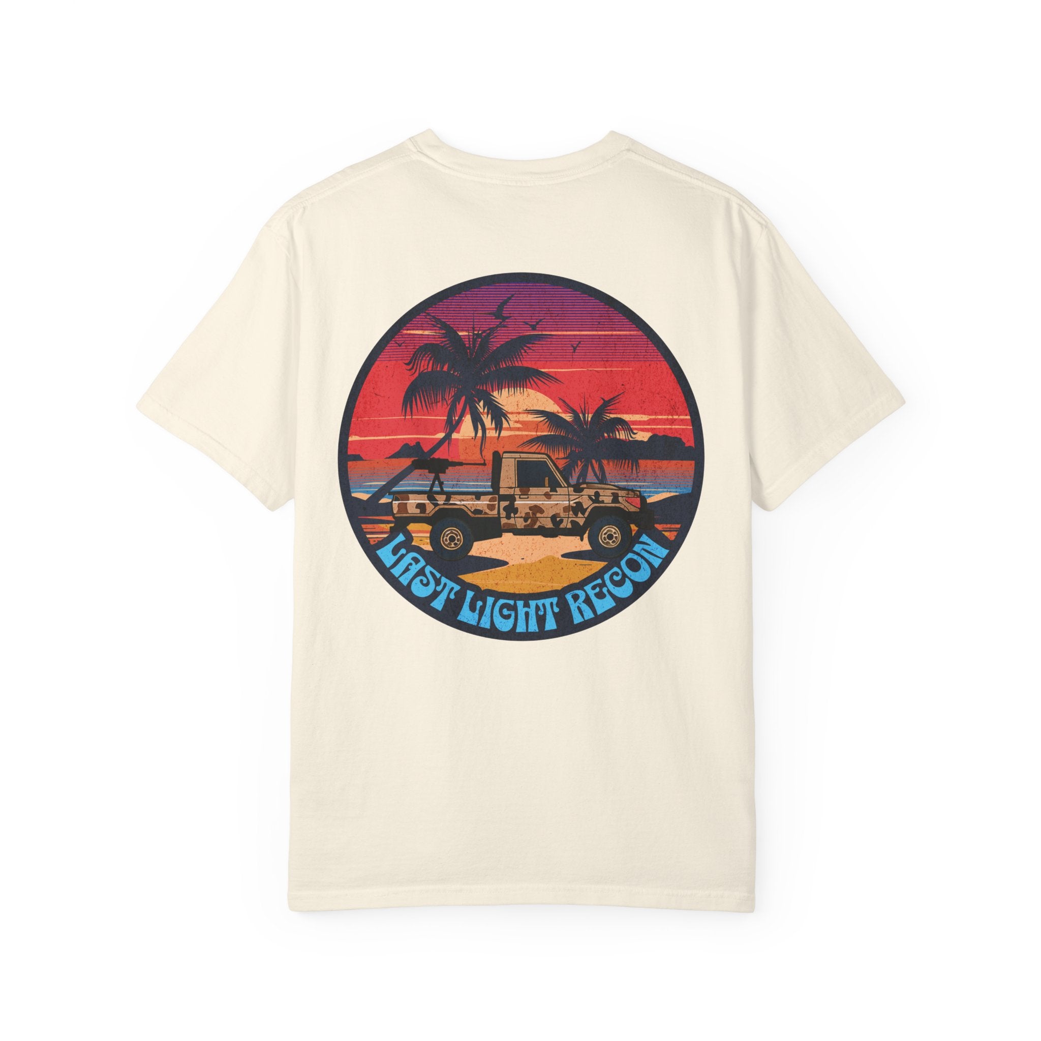 Ivory t-shirt with a sunset beach graphic featuring palm trees, a jeep, and "Last Light Recon" text on the back.