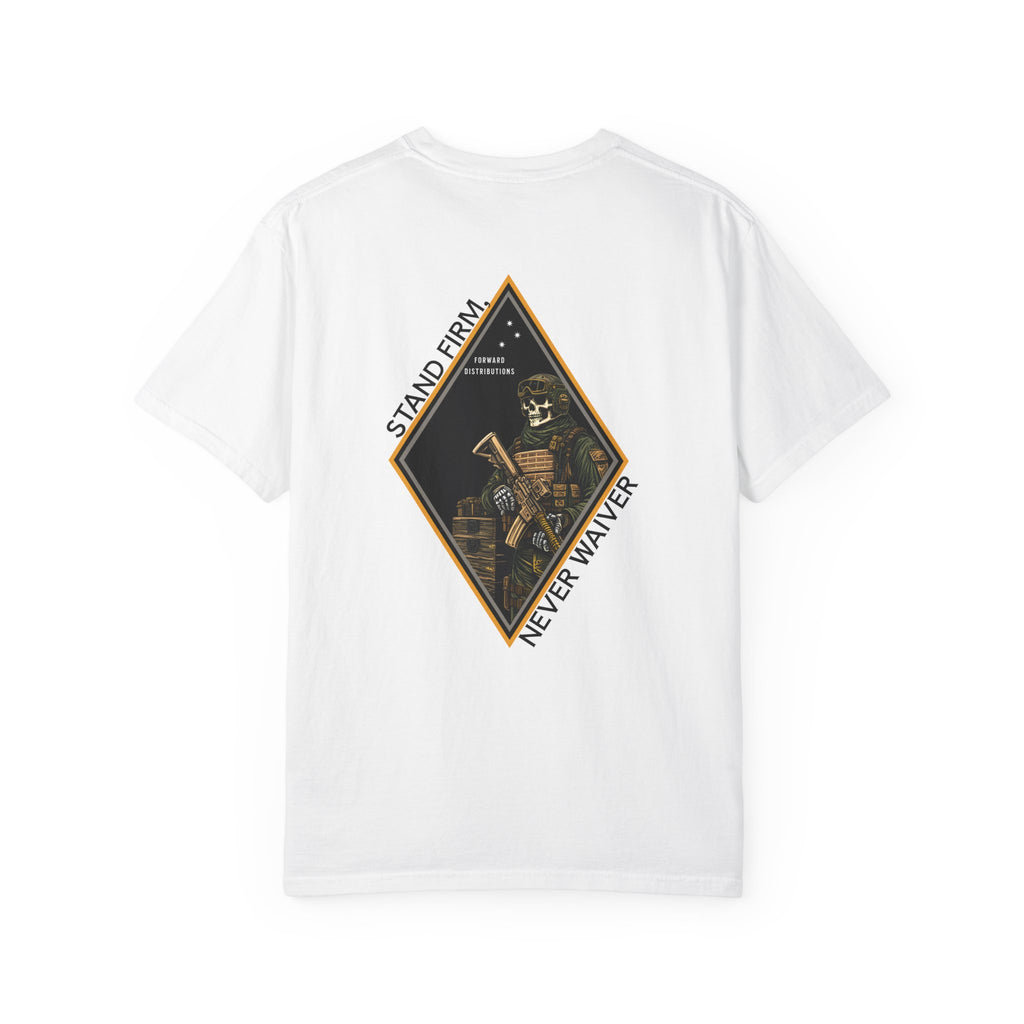 White t-shirt with Skeleton graphic design on a Diamond shaped graphic with Sand Firm Never Waiver text. 