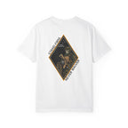 White t-shirt with Skeleton graphic design on a Diamond shaped graphic with Sand Firm Never Waiver text. 