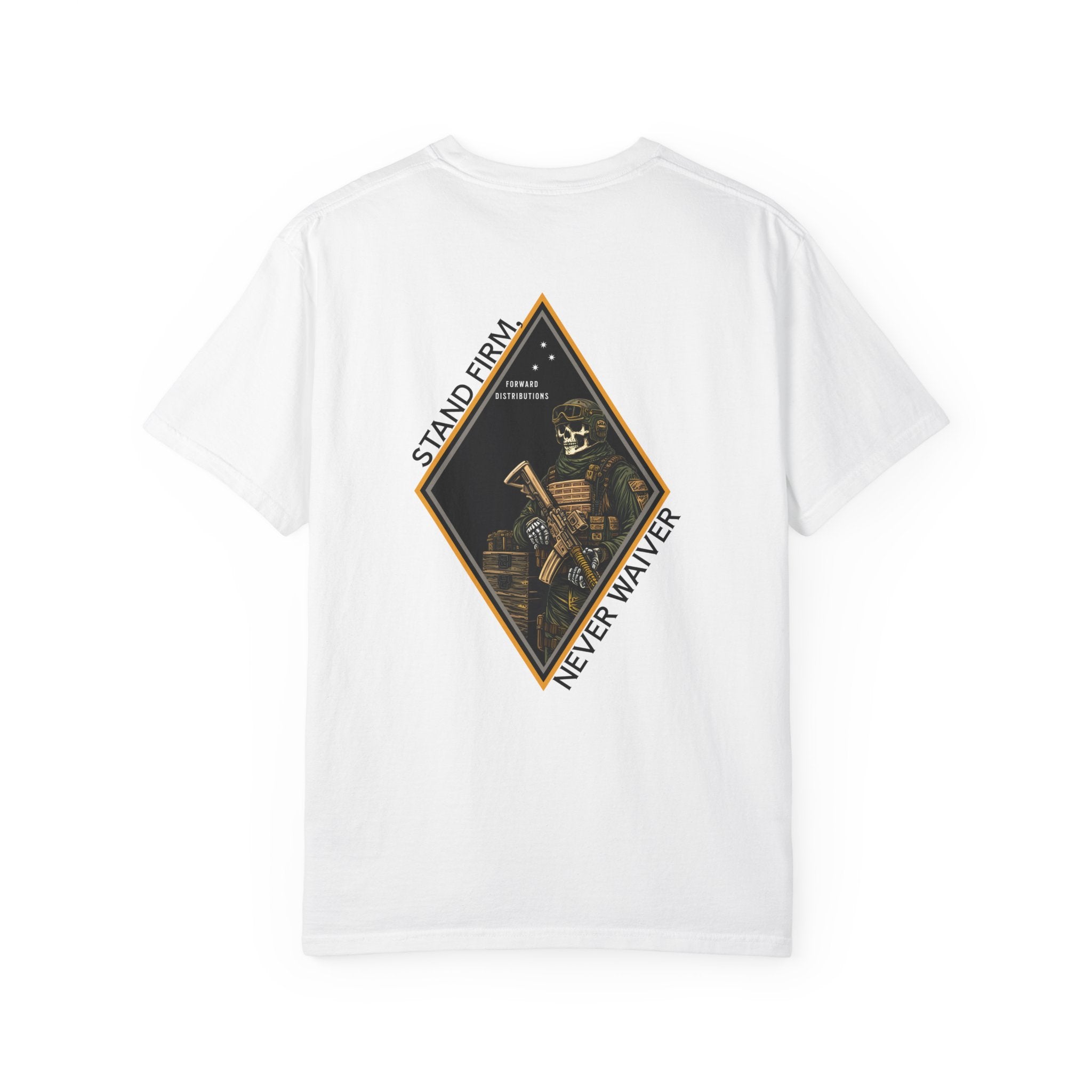 White t-shirt with Skeleton graphic design on a Diamond shaped graphic with Sand Firm Never Waiver text. 