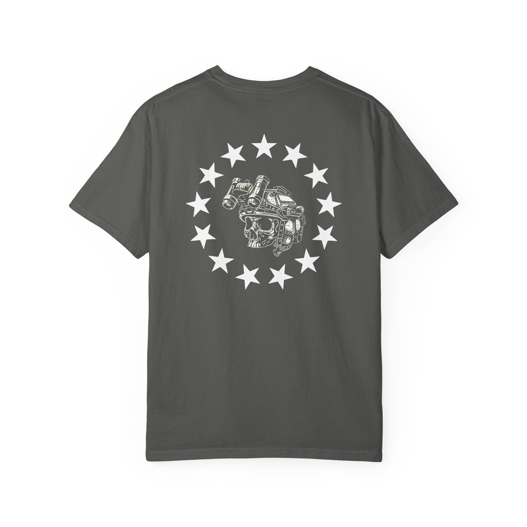Pepper heavyweight cotton t-shirt with a white rebellion skull and star circle graphic on the back.