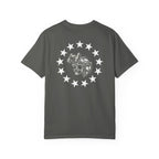 Pepper heavyweight cotton t-shirt with a white rebellion skull and star circle graphic on the back.