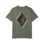 Moss t-shirt with Skeleton graphic design on a Diamond shaped graphic with Sand Firm Never Waiver text. 
