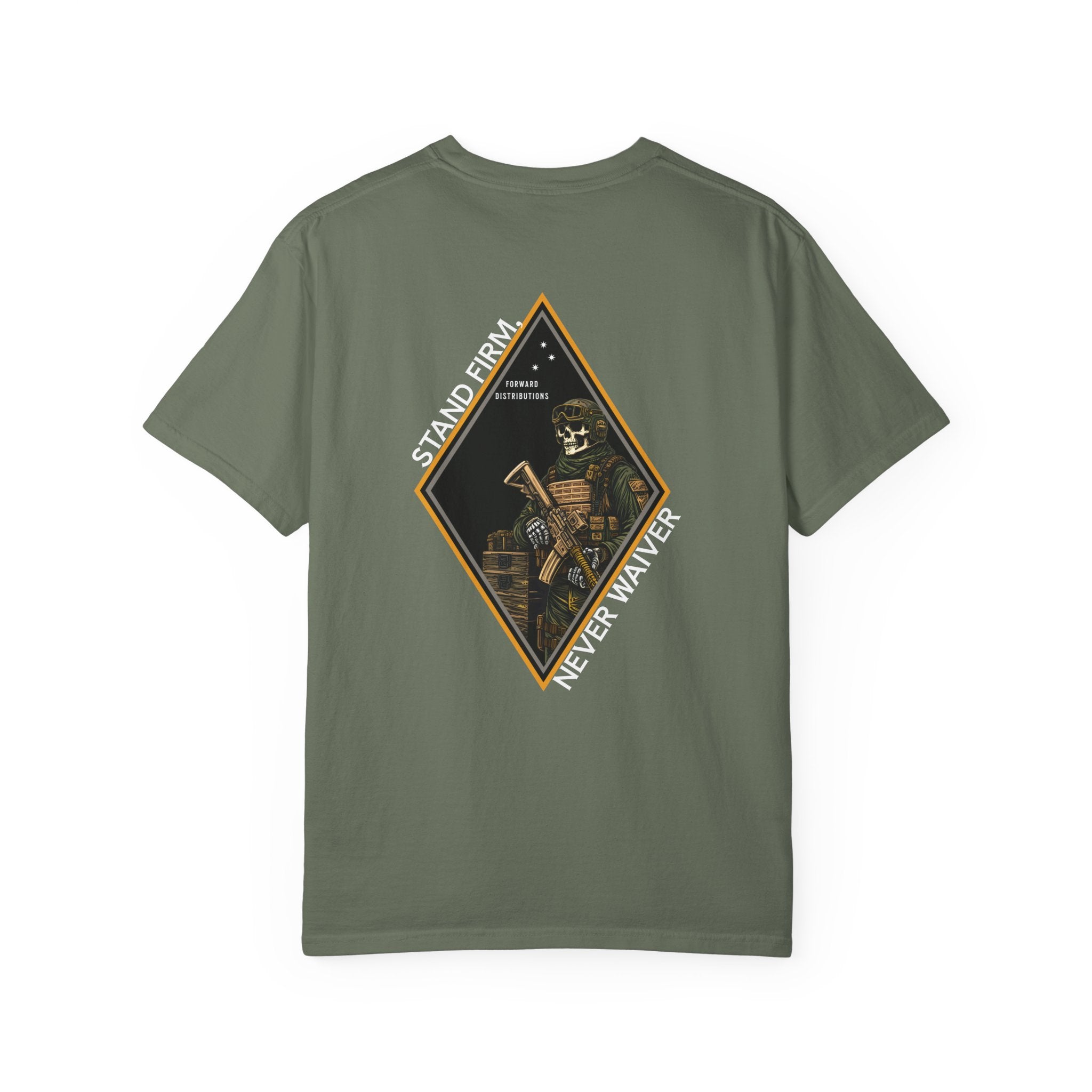 Moss t-shirt with Skeleton graphic design on a Diamond shaped graphic with Sand Firm Never Waiver text. 