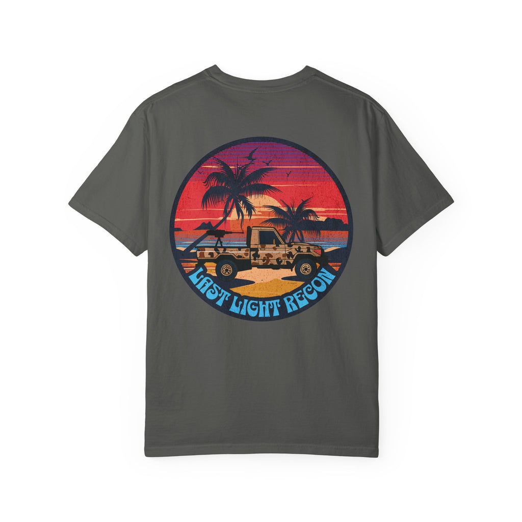 Pepper t-shirt with a sunset beach graphic featuring palm trees, a jeep, and "Last Light Recon" text on the back.