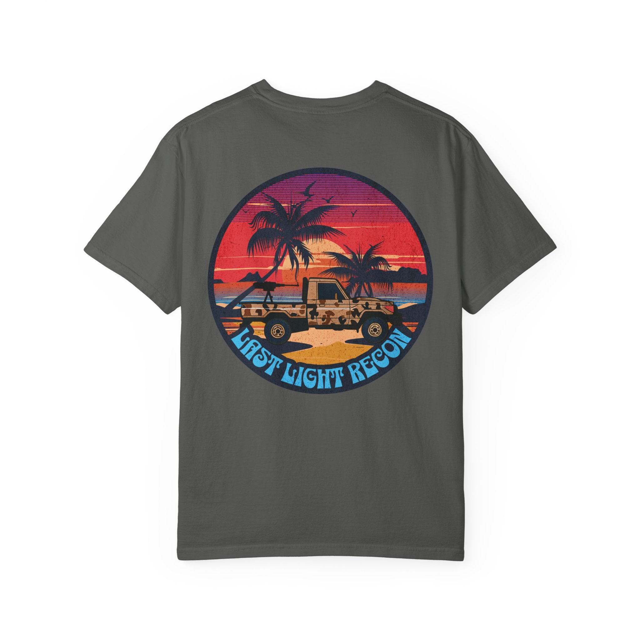 Pepper t-shirt with a sunset beach graphic featuring palm trees, a jeep, and "Last Light Recon" text on the back.