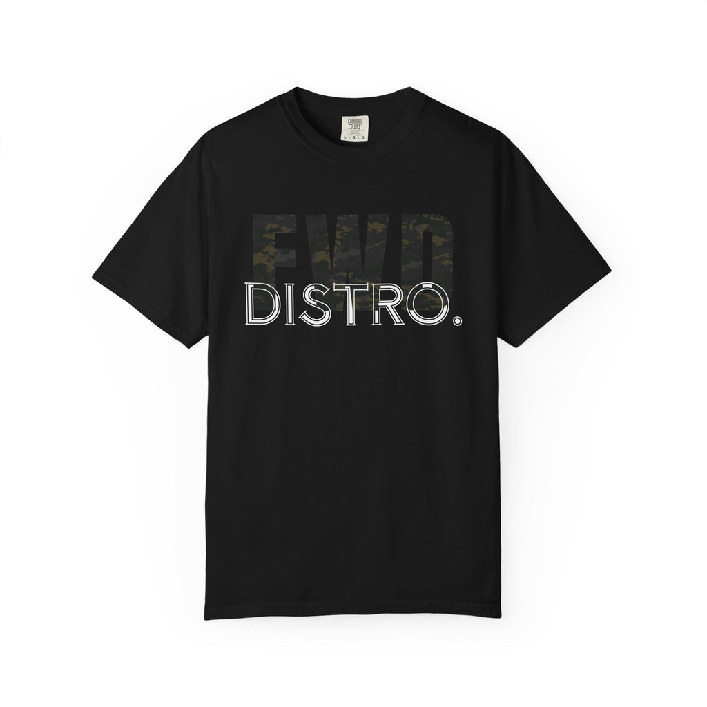 Black heavyweight cotton t-shirt with FWD Distro logo in multicam camouflage print on front