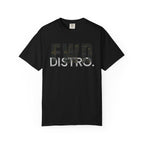 Black heavyweight cotton t-shirt with FWD Distro logo in multicam camouflage print on front