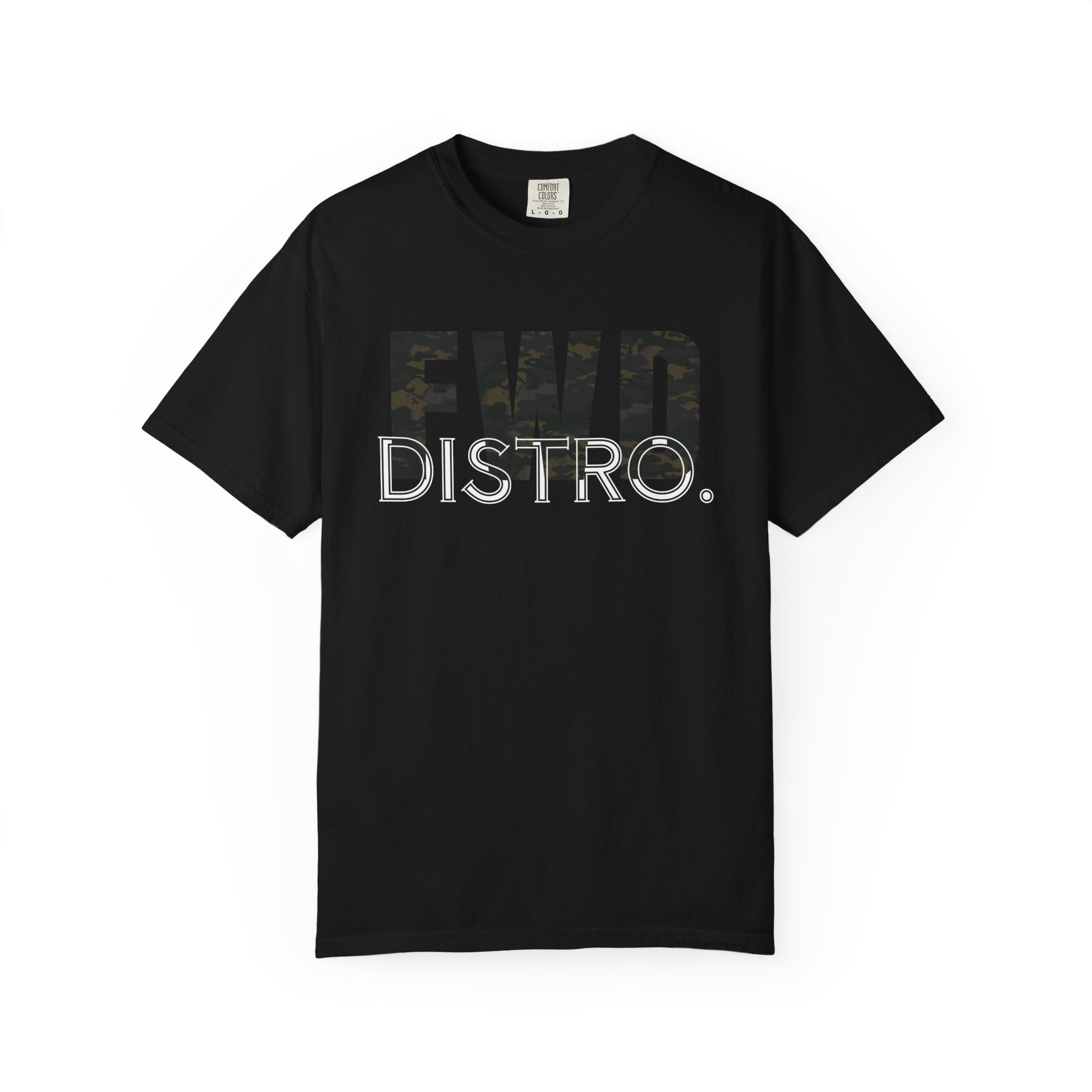 Black heavyweight cotton t-shirt with FWD Distro logo in multicam camouflage print on front