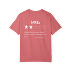 Watermelon t-shirt with a humorous MREs review showing two stars and a warning about unknown ingredients.