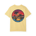 Butter t-shirt with a sunset beach graphic featuring palm trees, a jeep, and "Last Light Recon" text on the back.