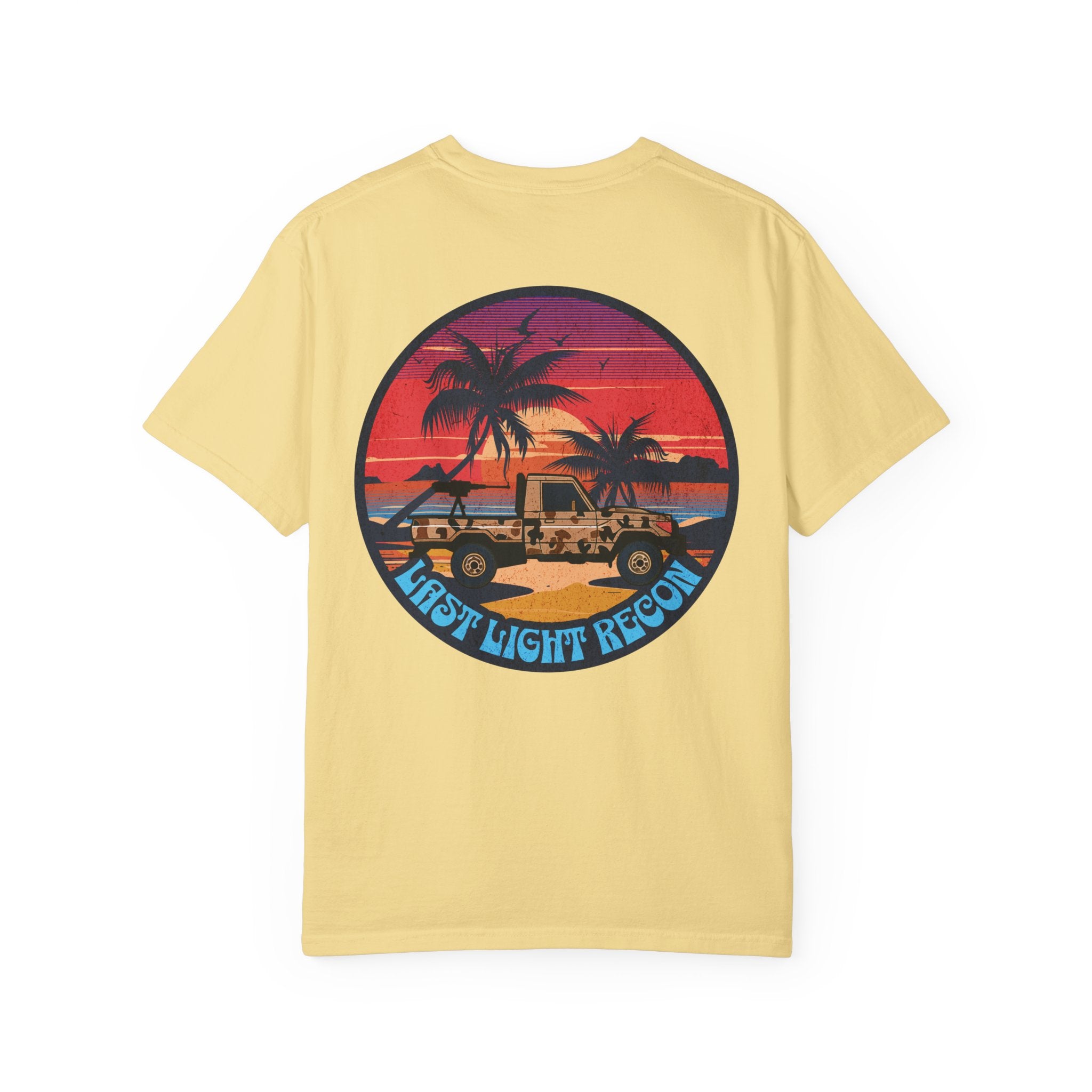 Butter t-shirt with a sunset beach graphic featuring palm trees, a jeep, and "Last Light Recon" text on the back.