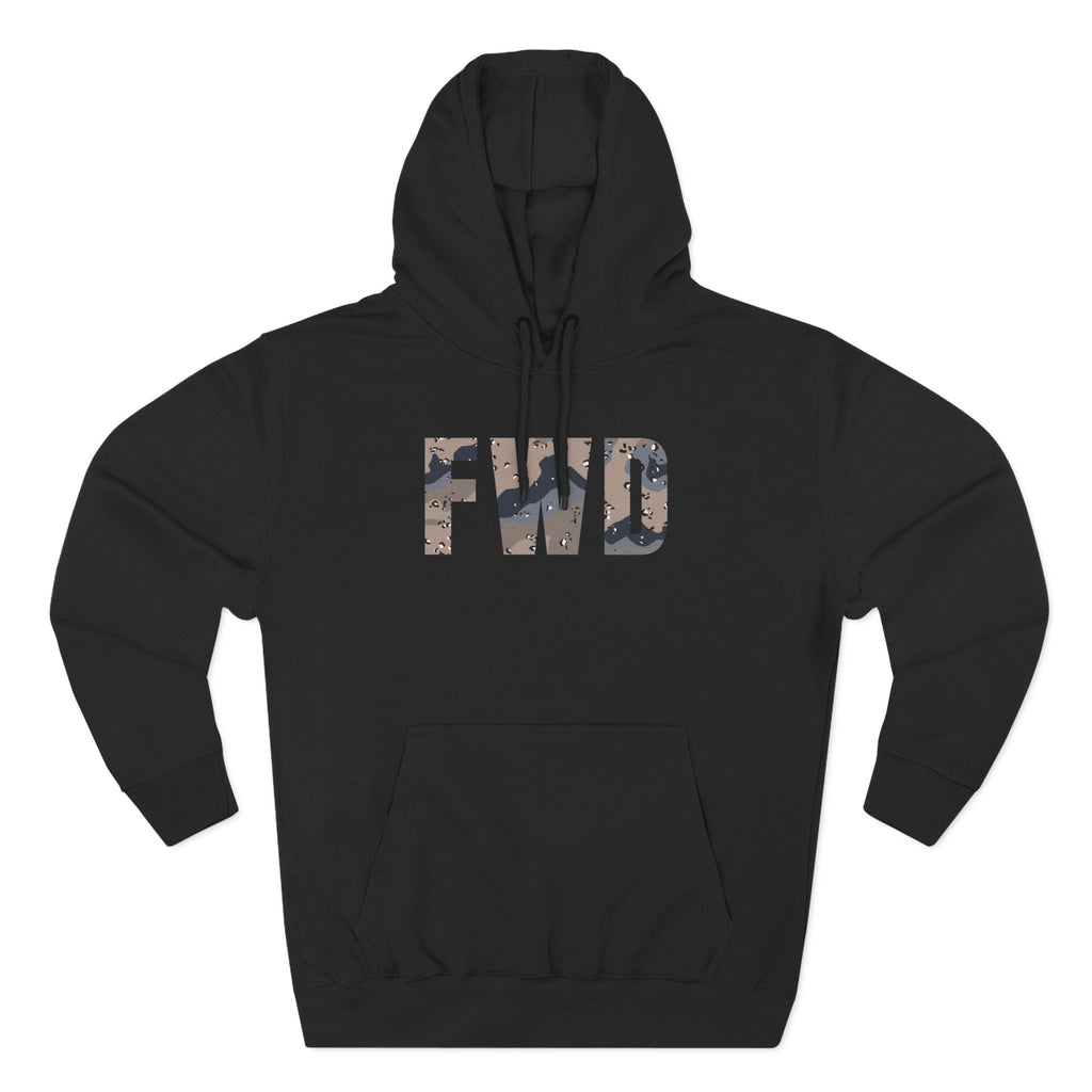 Black hoodie with adjustable hood, kangaroo pocket, and FWD text in Blueberry Chip.