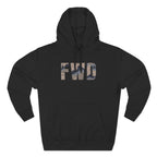 Black hoodie with adjustable hood, kangaroo pocket, and FWD text in Blueberry Chip.