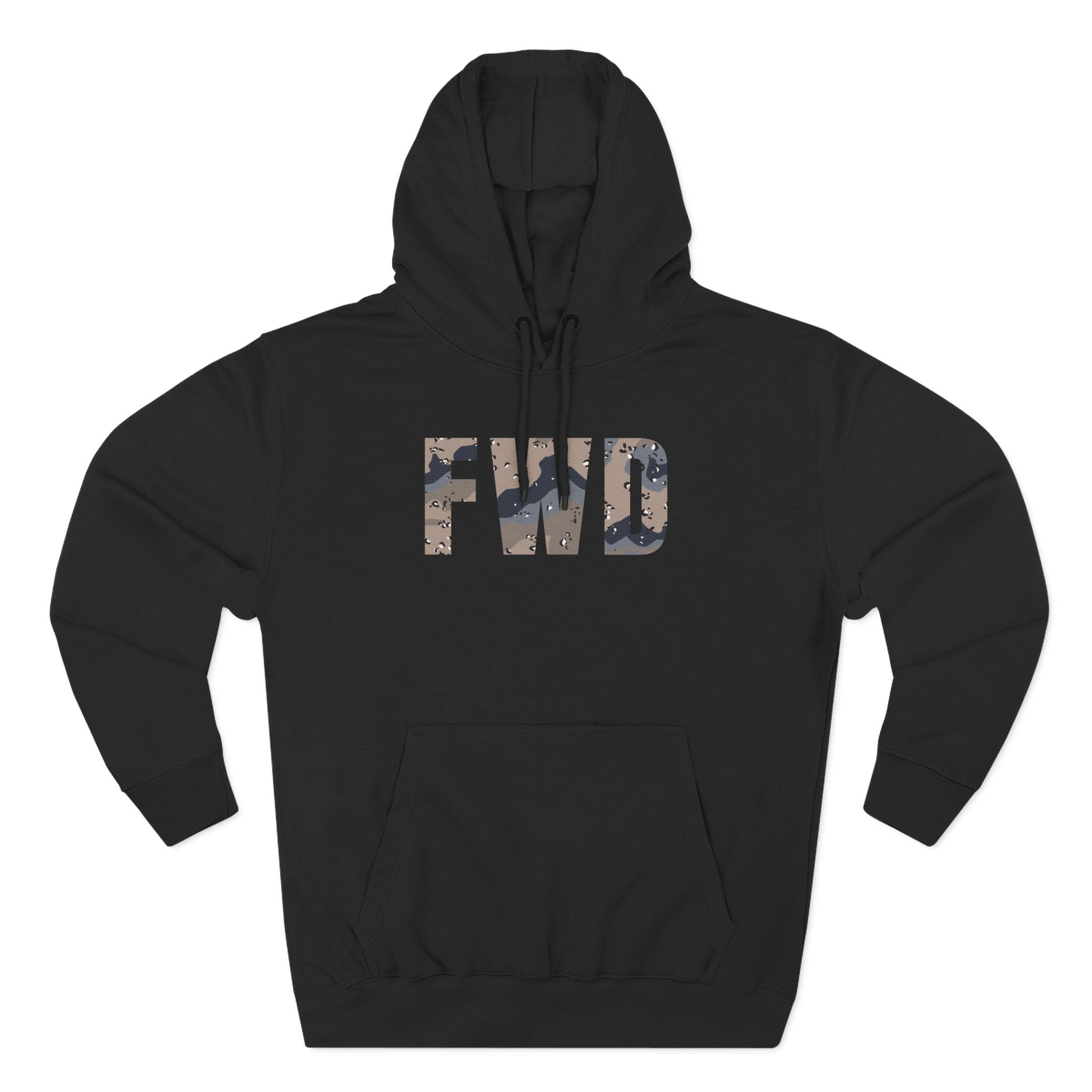 Black hoodie with adjustable hood, kangaroo pocket, and FWD text in Blueberry Chip.