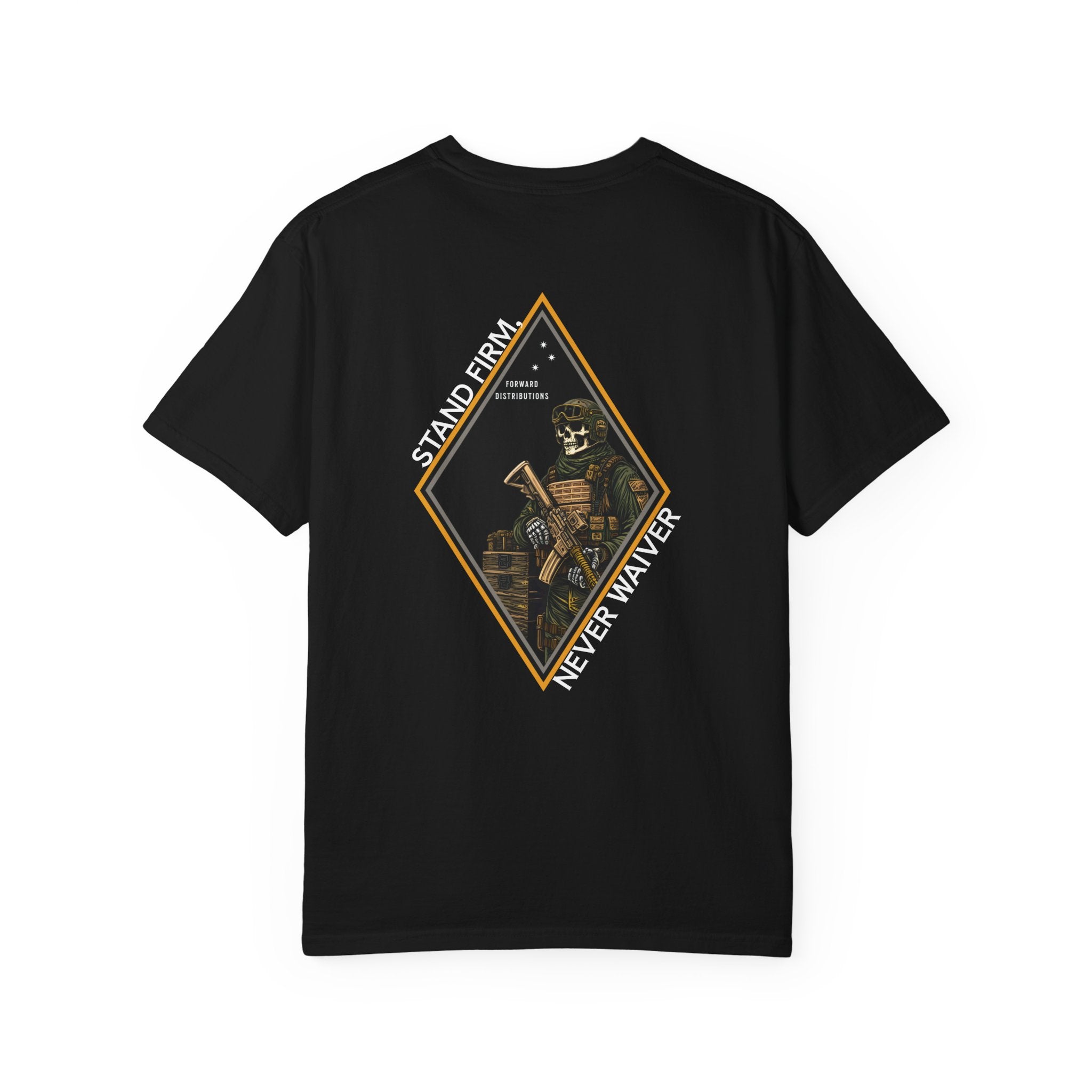 Black t-shirt with Skeleton graphic design on a Diamond shaped graphic with Sand Firm Never Waiver text. 