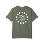Moss heavyweight cotton t-shirt with a white rebellion skull and star circle graphic on the back.