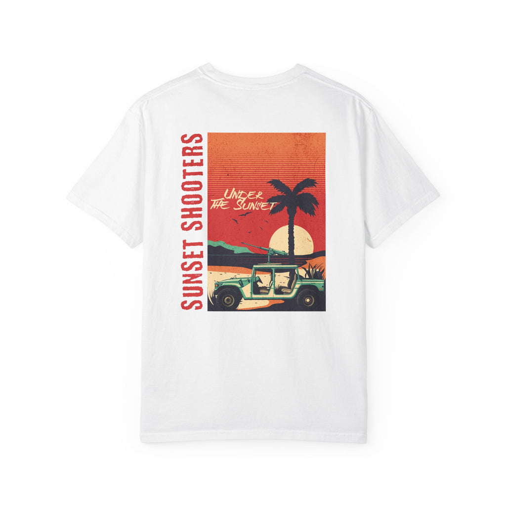 White t-shirt with a graphic design of a sunset, palm tree, and jeep.