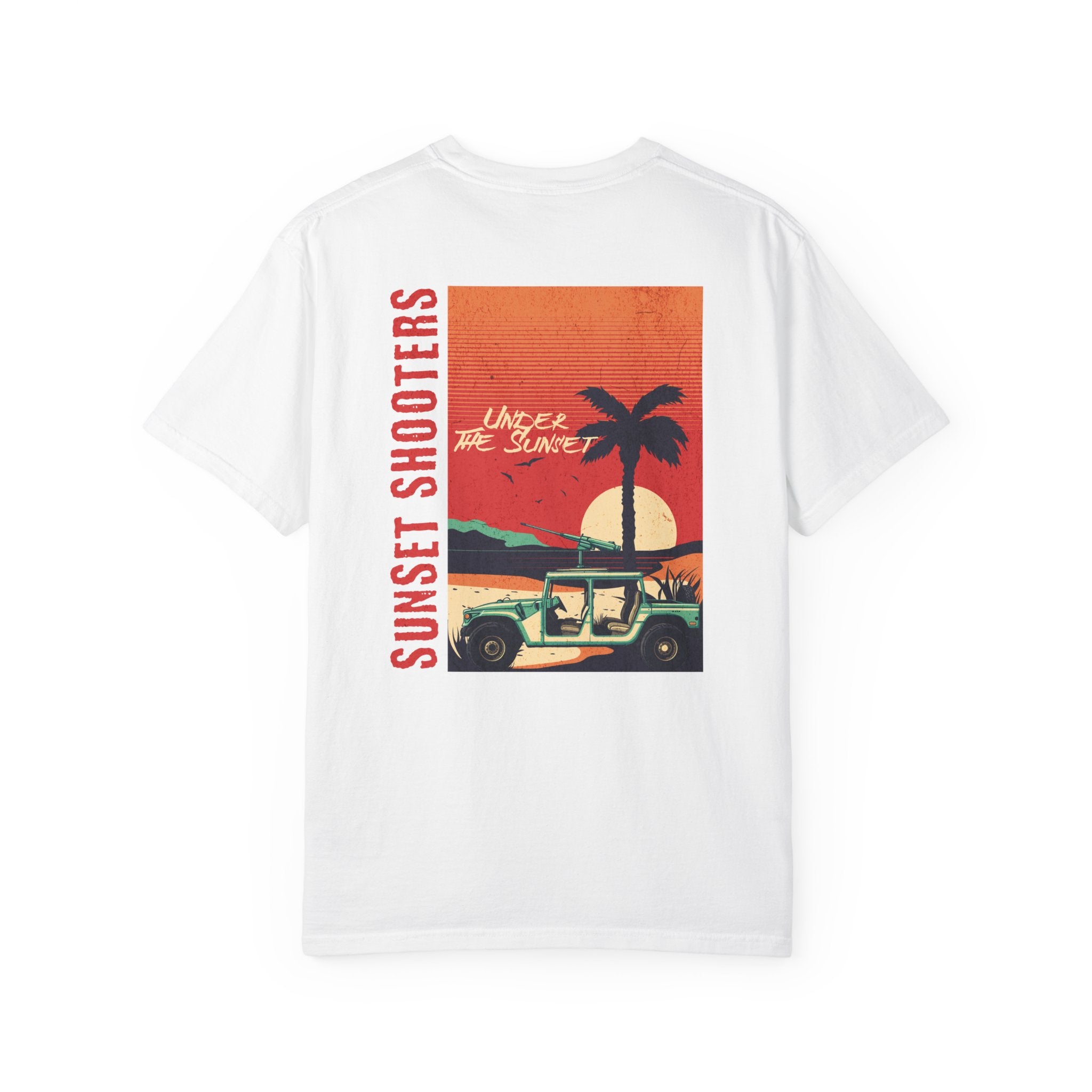 White t-shirt with a graphic design of a sunset, palm tree, and jeep.