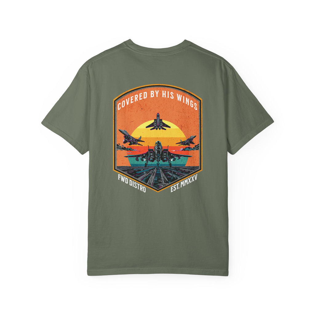 Moss t-shirt with graphic of fighter jets and sunset text Covered By His Wings on back