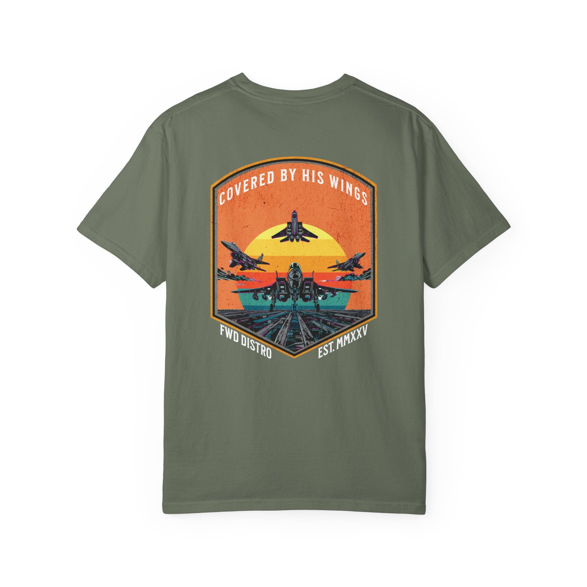 Moss t-shirt with graphic of fighter jets and sunset text Covered By His Wings on back