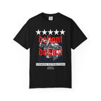 Black heavyweight cotton t-shirt with five stars, "Defiant" text, and a Operator skull with Night Vision graphic design