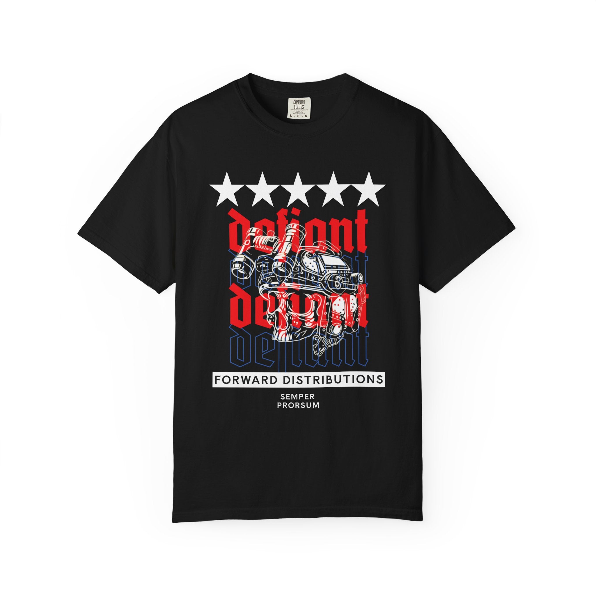 Black heavyweight cotton t-shirt with five stars, "Defiant" text, and a Operator skull with Night Vision graphic design