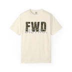 Ivory heavyweight cotton t-shirt with "FWD DISTRO" tiger stripe graphic and relaxed fit, durable double-needle stitching.