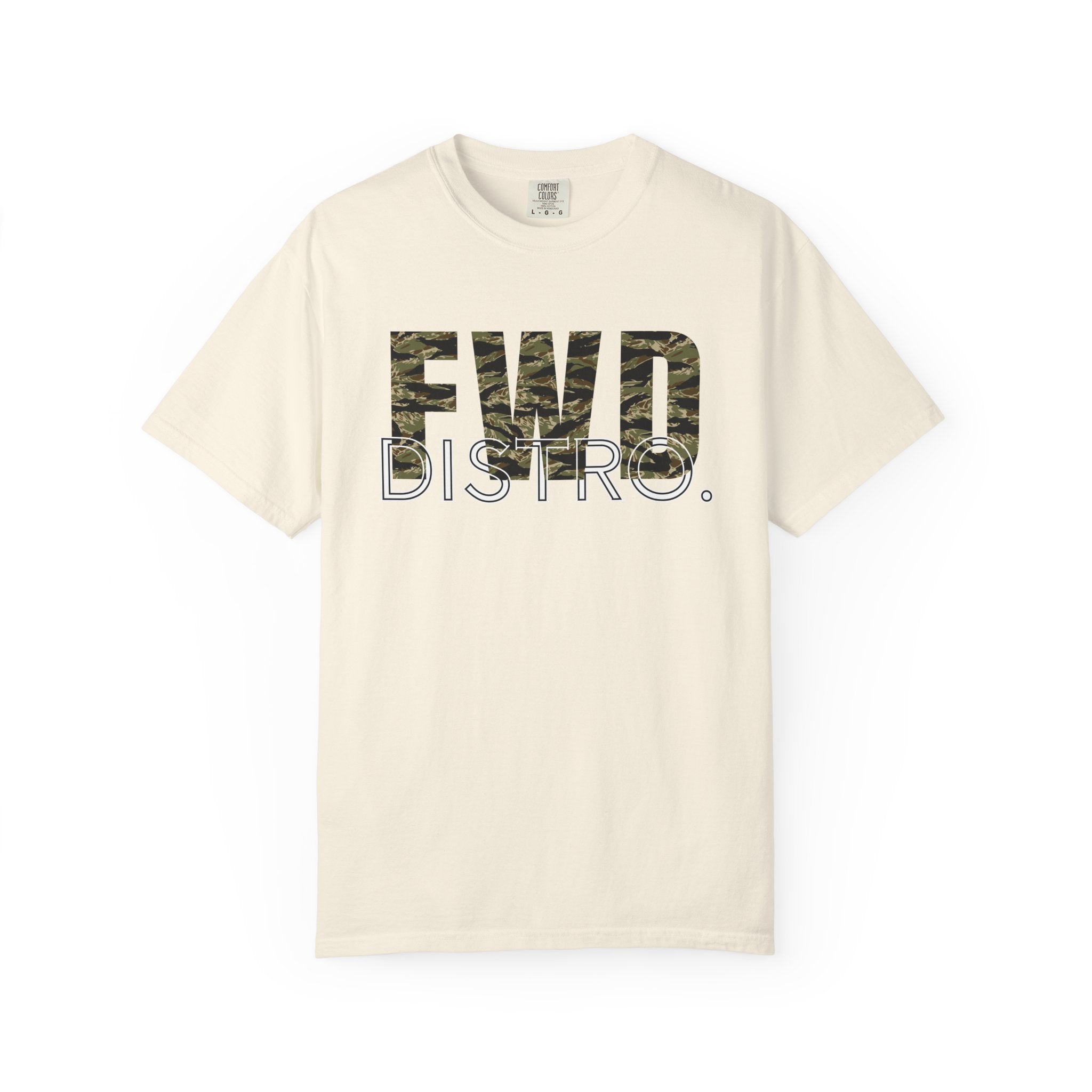 Ivory heavyweight cotton t-shirt with "FWD DISTRO" tiger stripe graphic and relaxed fit, durable double-needle stitching.