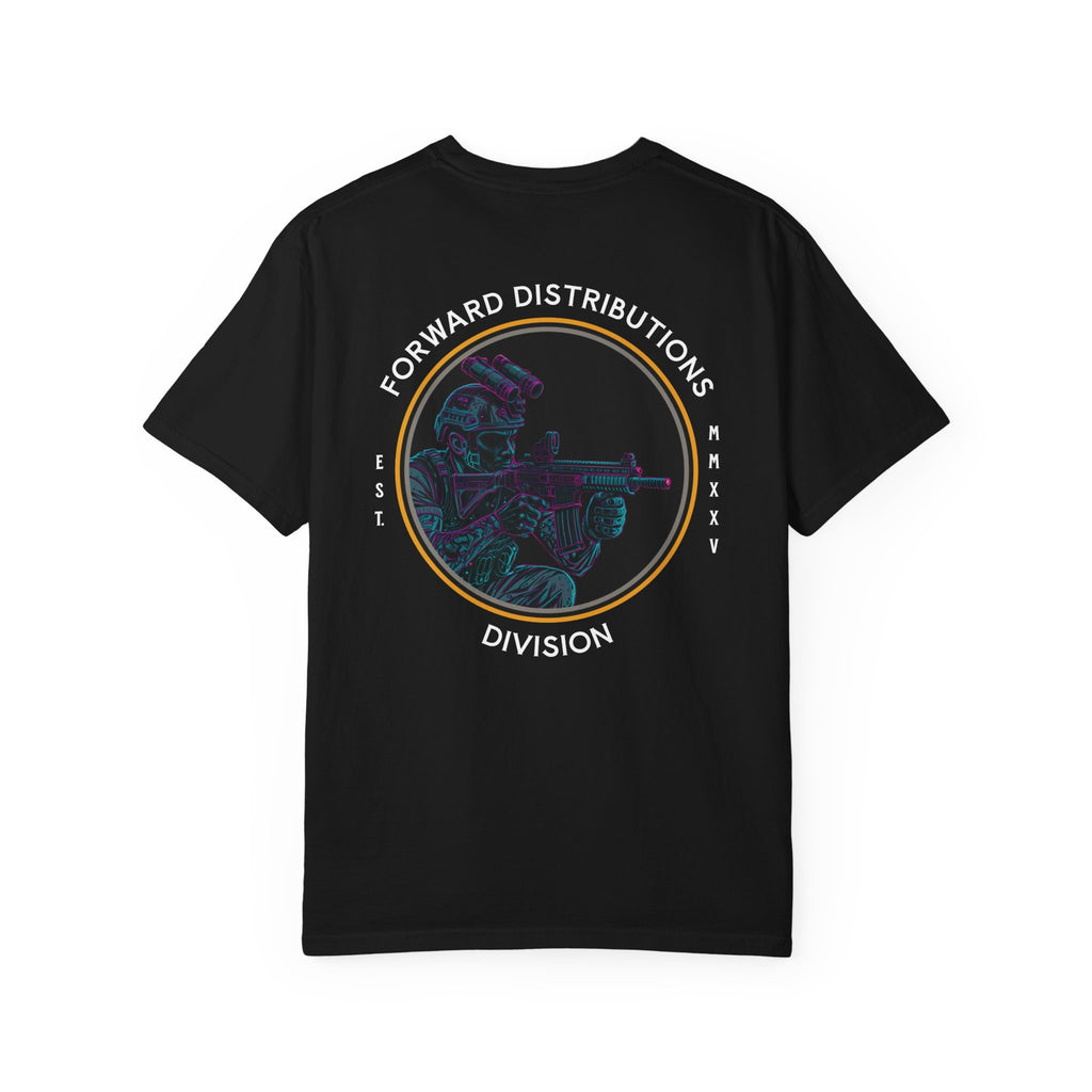 Black heavyweight cotton t-shirt with a colorful soldier graphic and Forward Distributions Division text on the back.