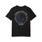 Black heavyweight cotton t-shirt with a colorful soldier graphic and Forward Distributions Division text on the back.