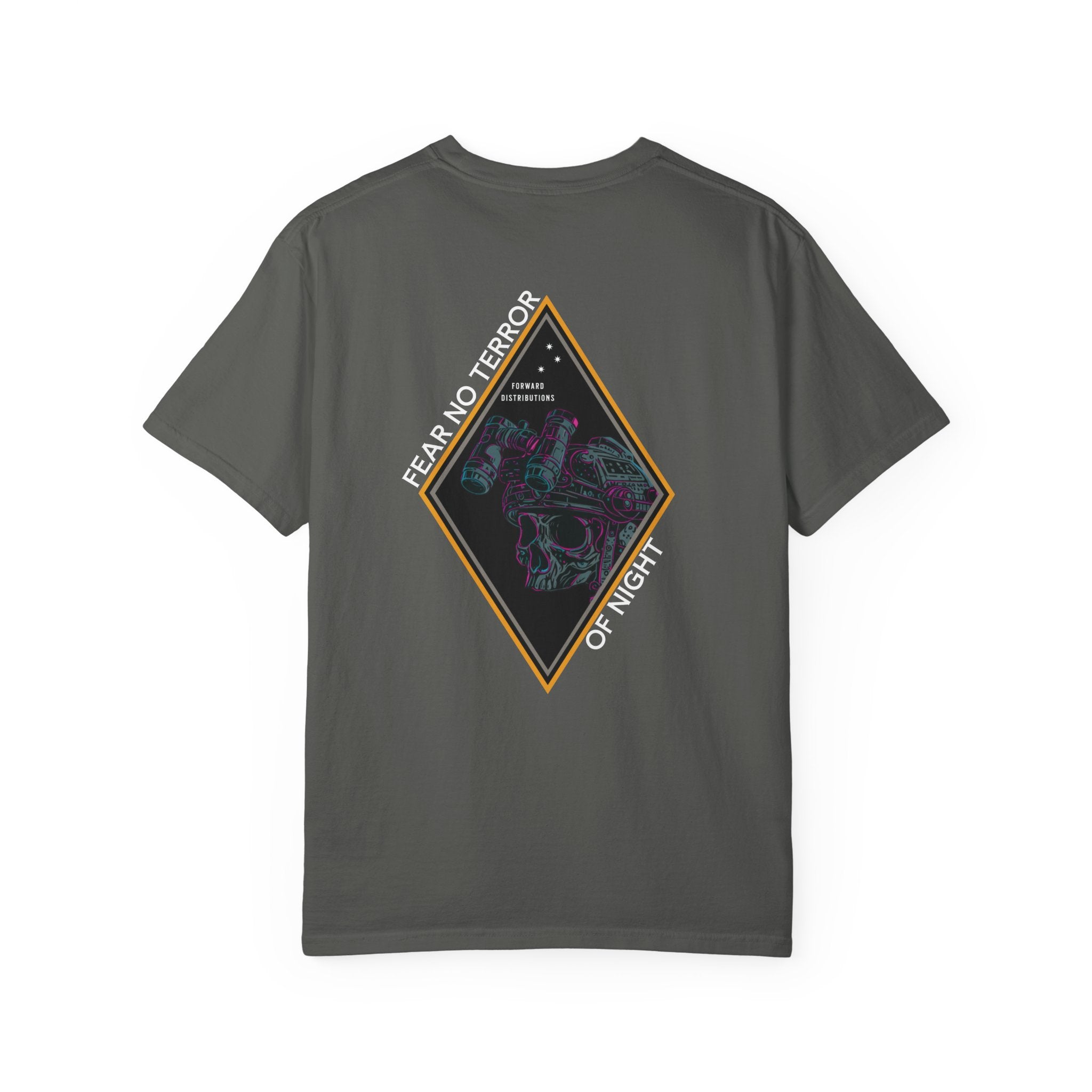 Pepper heavyweight cotton t-shirt with Fear No Terror of Night graphic featuring skull and night vision goggles design.