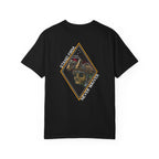 Black t-shirt with a Skull graphic design and text on the back.