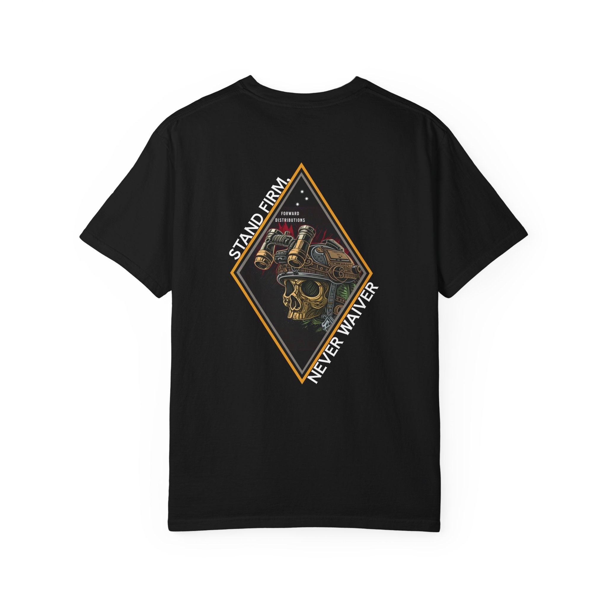 Black t-shirt with a Skull graphic design and text on the back.