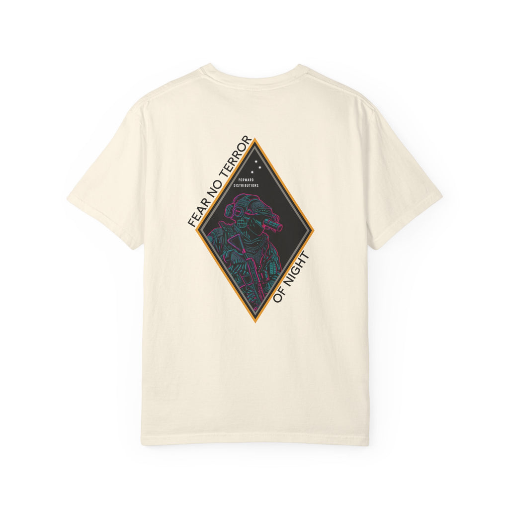 Ivory heavyweight cotton t-shirt with neon-style graphic and "Fear No Terror of Night" text design on back.