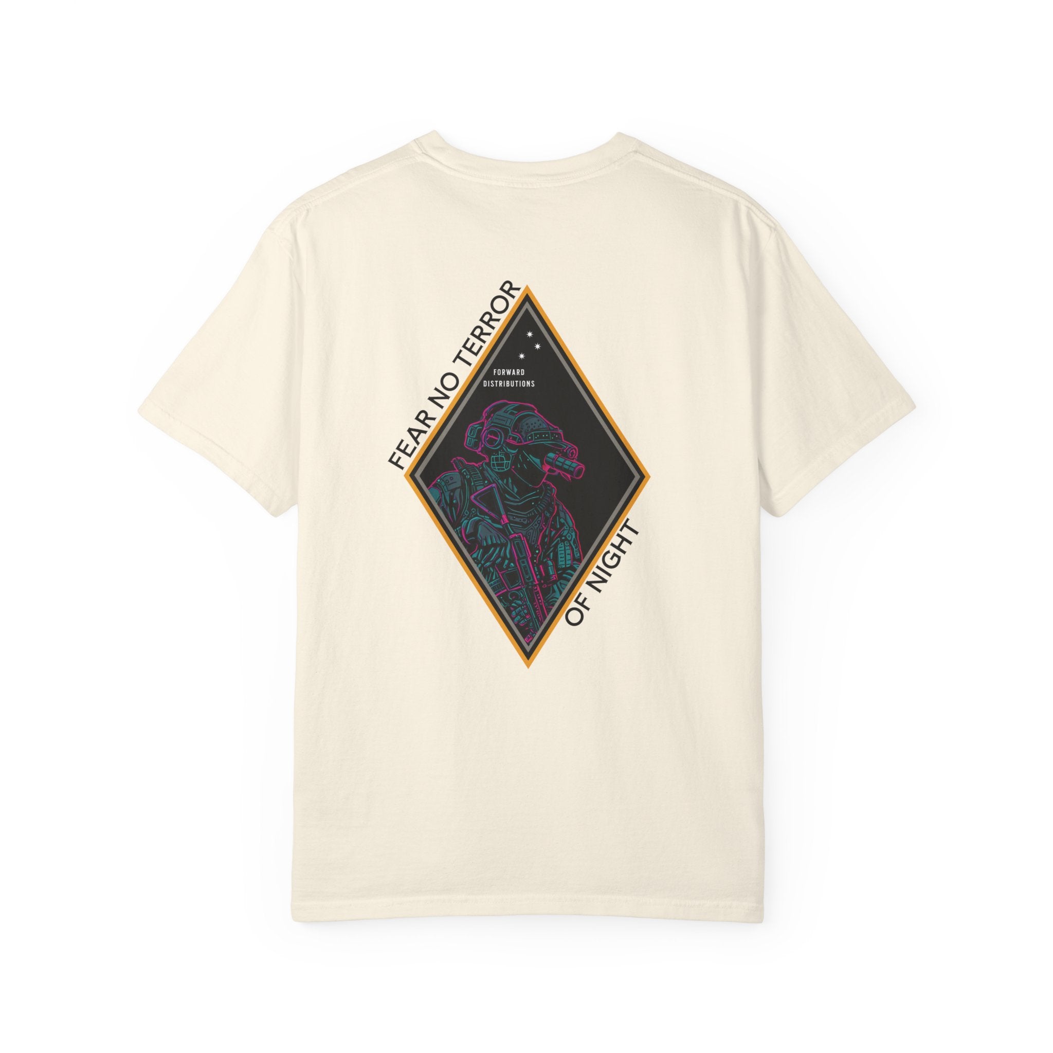 Ivory heavyweight cotton t-shirt with neon-style graphic and "Fear No Terror of Night" text design on back.
