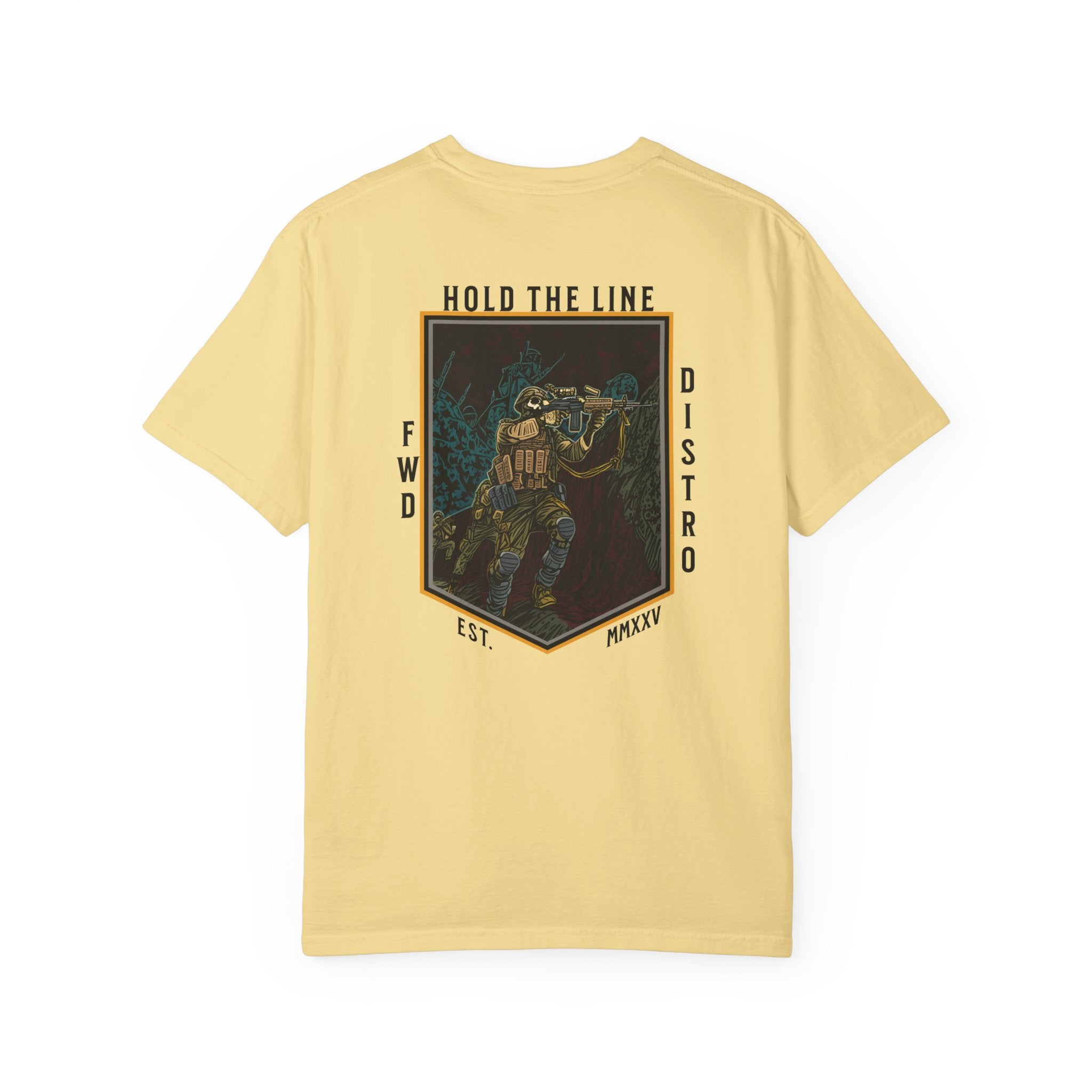 Butter Heavyweight t-shirt with a soldier firing over a bunker with text Hold The Line.