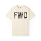 Ivory heavyweight cotton t-shirt with FWD text in blueberry chip camouflage print, relaxed fit and rib collar.