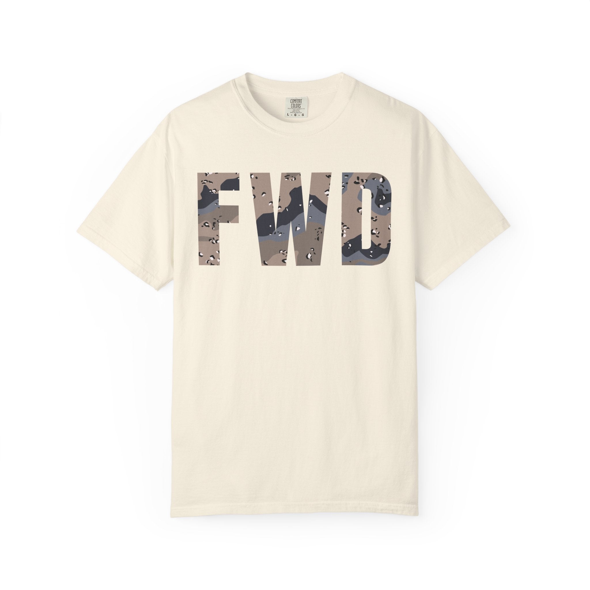 Ivory heavyweight cotton t-shirt with FWD text in blueberry chip camouflage print, relaxed fit and rib collar.