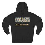 Black hoodie with adjustable hood, front kangaroo pocket, and camo print text design reading Forward Distributions