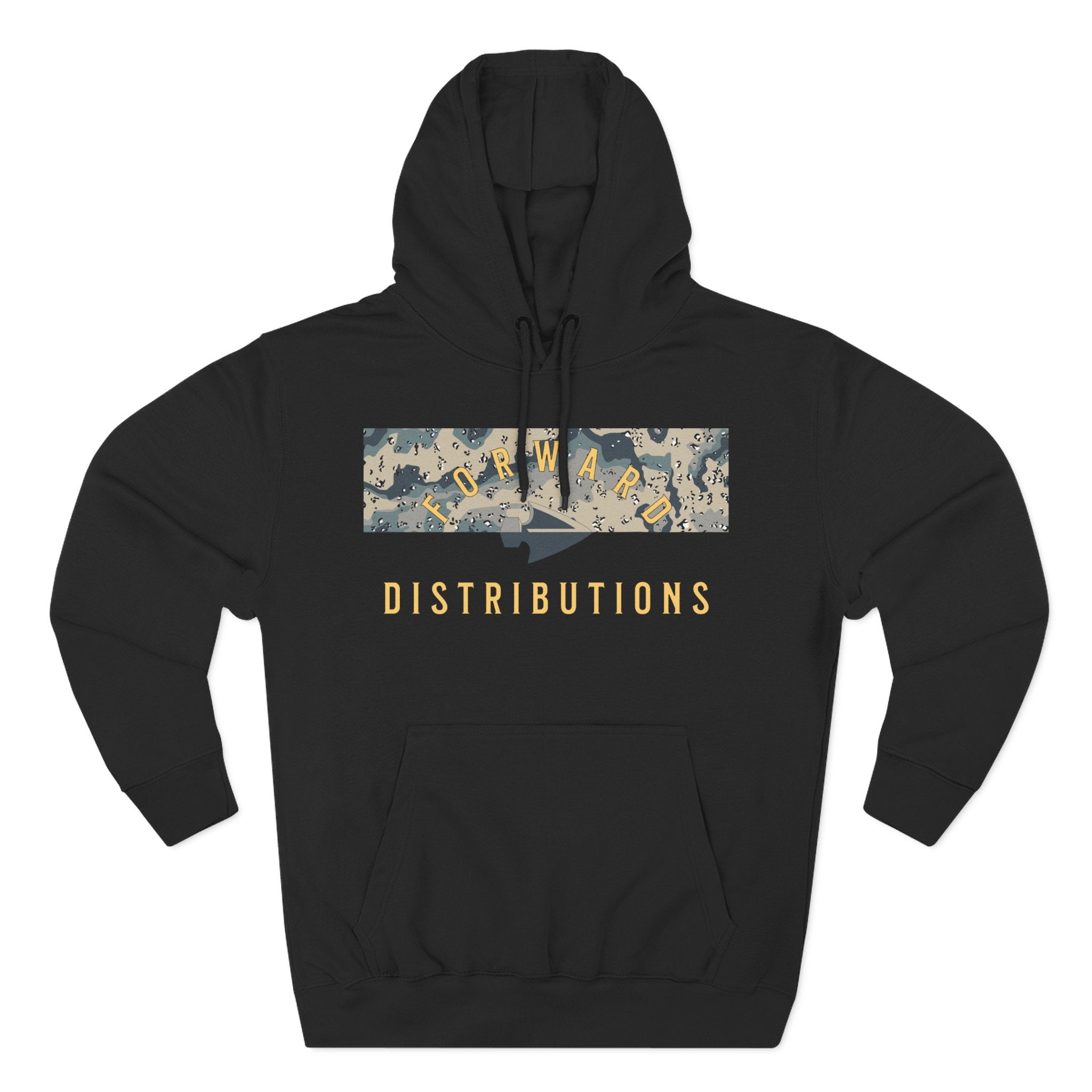 Black hoodie with adjustable hood, front kangaroo pocket, and camo print text design reading Forward Distributions