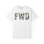 White heavyweight cotton t-shirt with FWD text in polar choc chip camo pattern, relaxed fit, rib collar, and durable stitching.