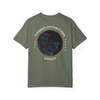 Moss heavyweight cotton t-shirt with a colorful soldier graphic and Forward Distributions Division text on the back.