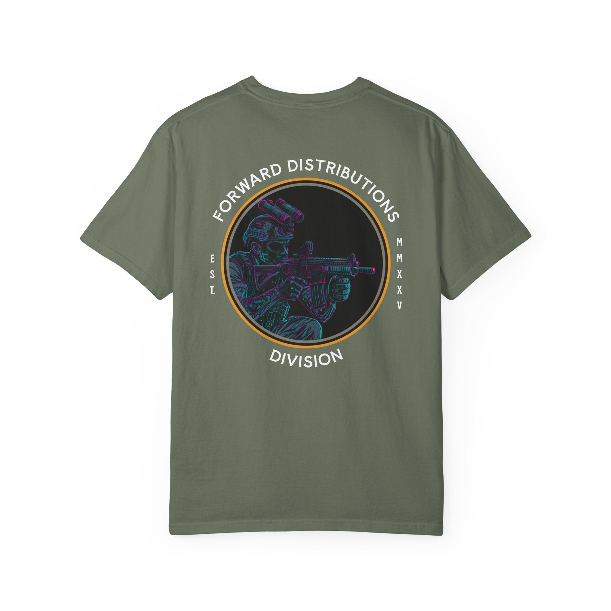 Moss heavyweight cotton t-shirt with a colorful soldier graphic and Forward Distributions Division text on the back.