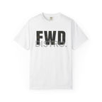 White heavyweight cotton t-shirt with FWD Distro logo in multicam camouflage print on front